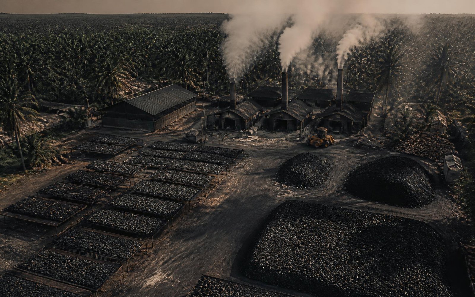Coconut shell charcoal production yard in Sumatra